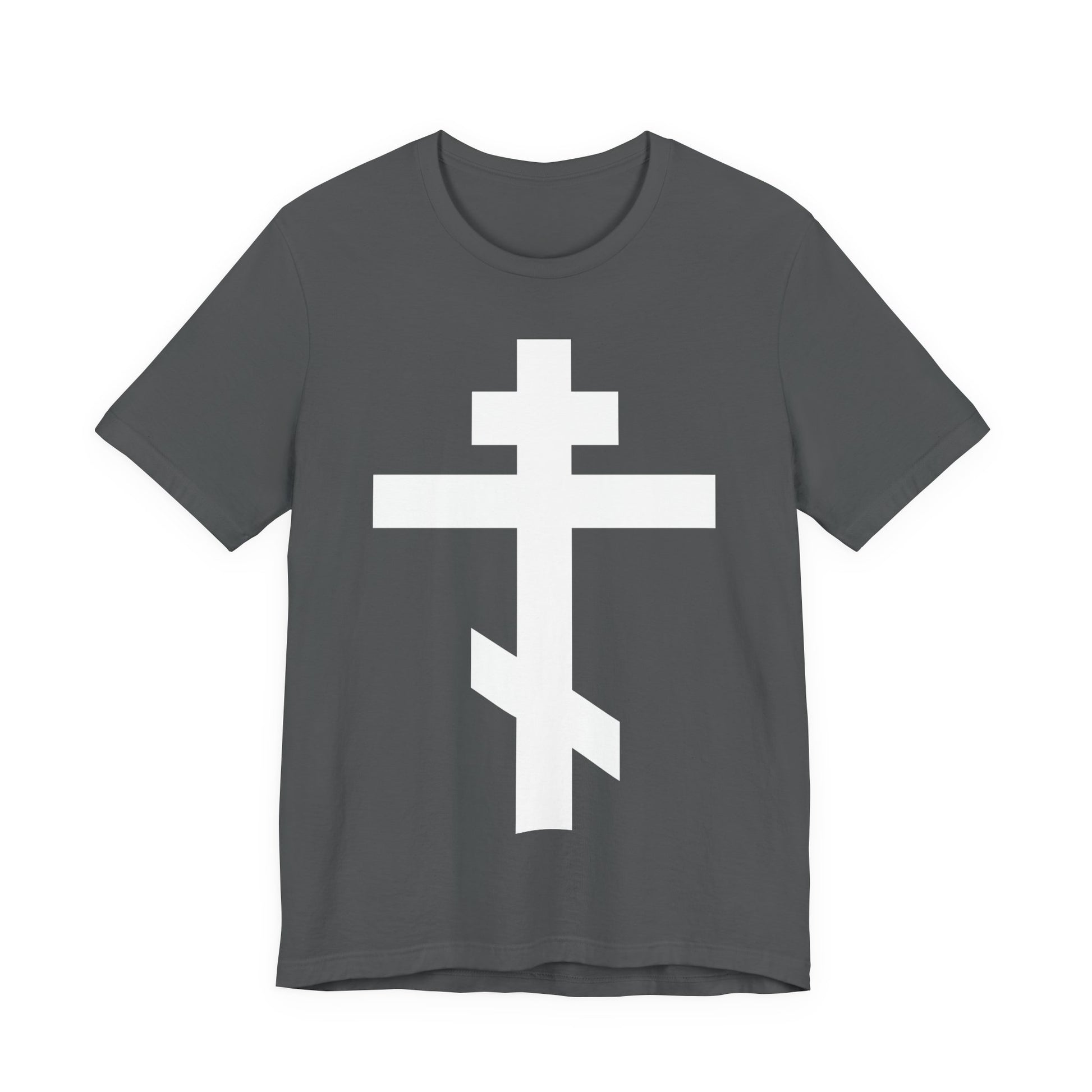 Asphalt-colored unisex tee with a bold white Orthodox Cross and Galatians 6:14: "May I never boast, except in the cross of our Lord Jesus Christ.