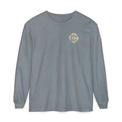 Gold Orthodox Cross ICXC NIKA  (Small Design) | White Medieval Ornate Floral Pattern | Jesus Christ Conquers | Christian Long Sleeve