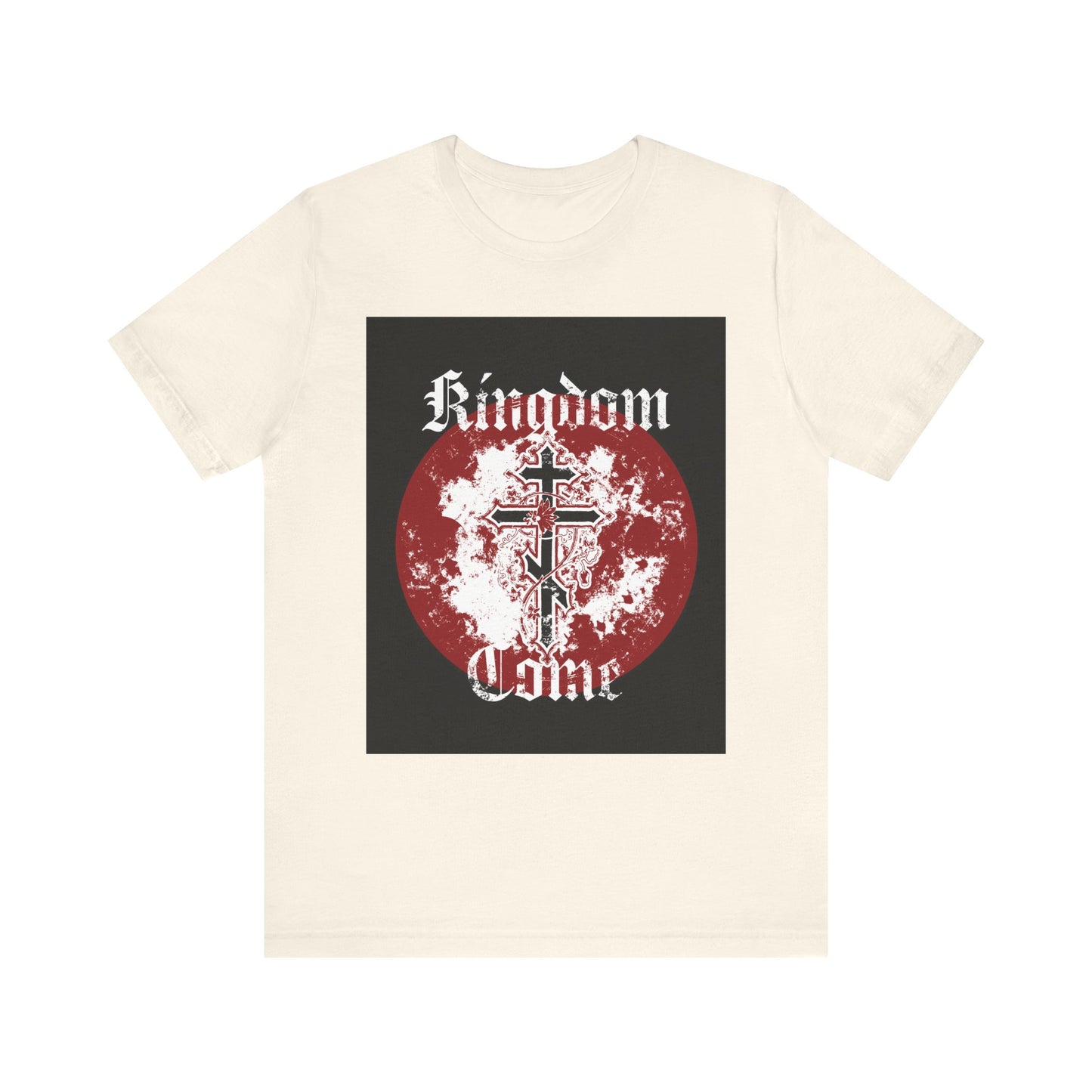 Natural-colored unisex tee featuring "Kingdom Come" text in a textured gothic font, an Orthodox cross with vine detailing, and a red circle with a cloudy background—an inspiring piece reflecting the words "Thy Kingdom come" from the Lord’s Prayer.