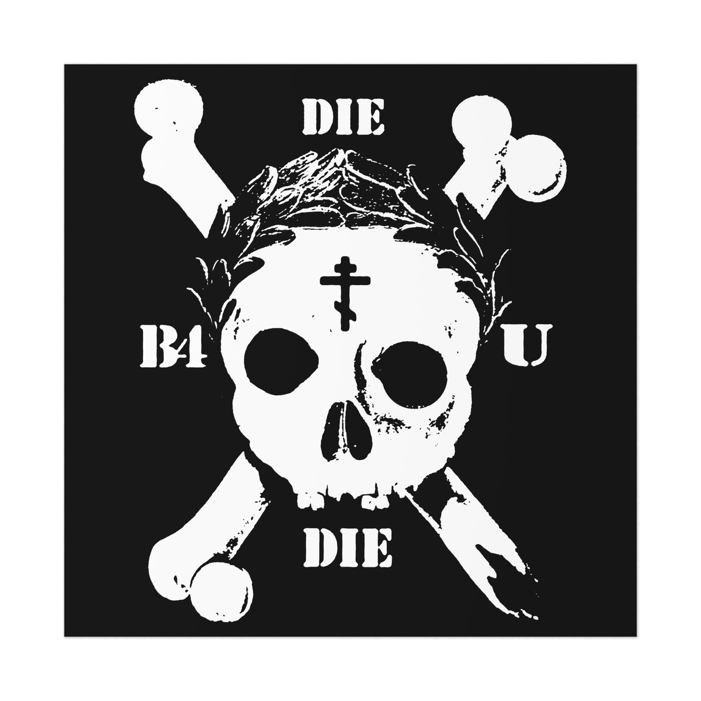 The "Die Before You Die" Retro Skull & Crossbones Poster features an Orthodox cross and laurel wreath, inspired by Matthew 16:24-25’s call to self-denial. A striking memento mori for ascetic Christian reflection.