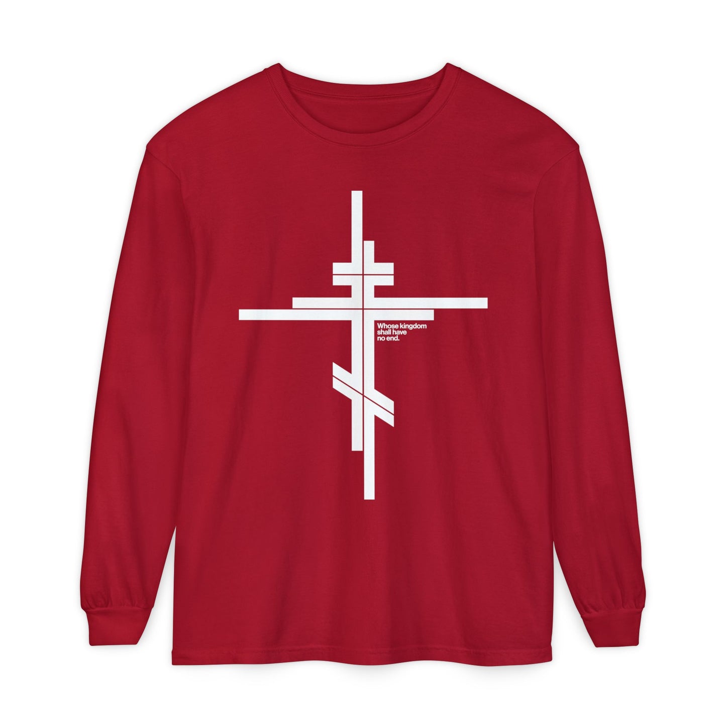 Whose Kingdom Shall Have No End | Luke 1:32-33 | Orthodox Cross | Modernist Minimalist Logo Style | Orthodox Long Sleeve Cotton Shirt