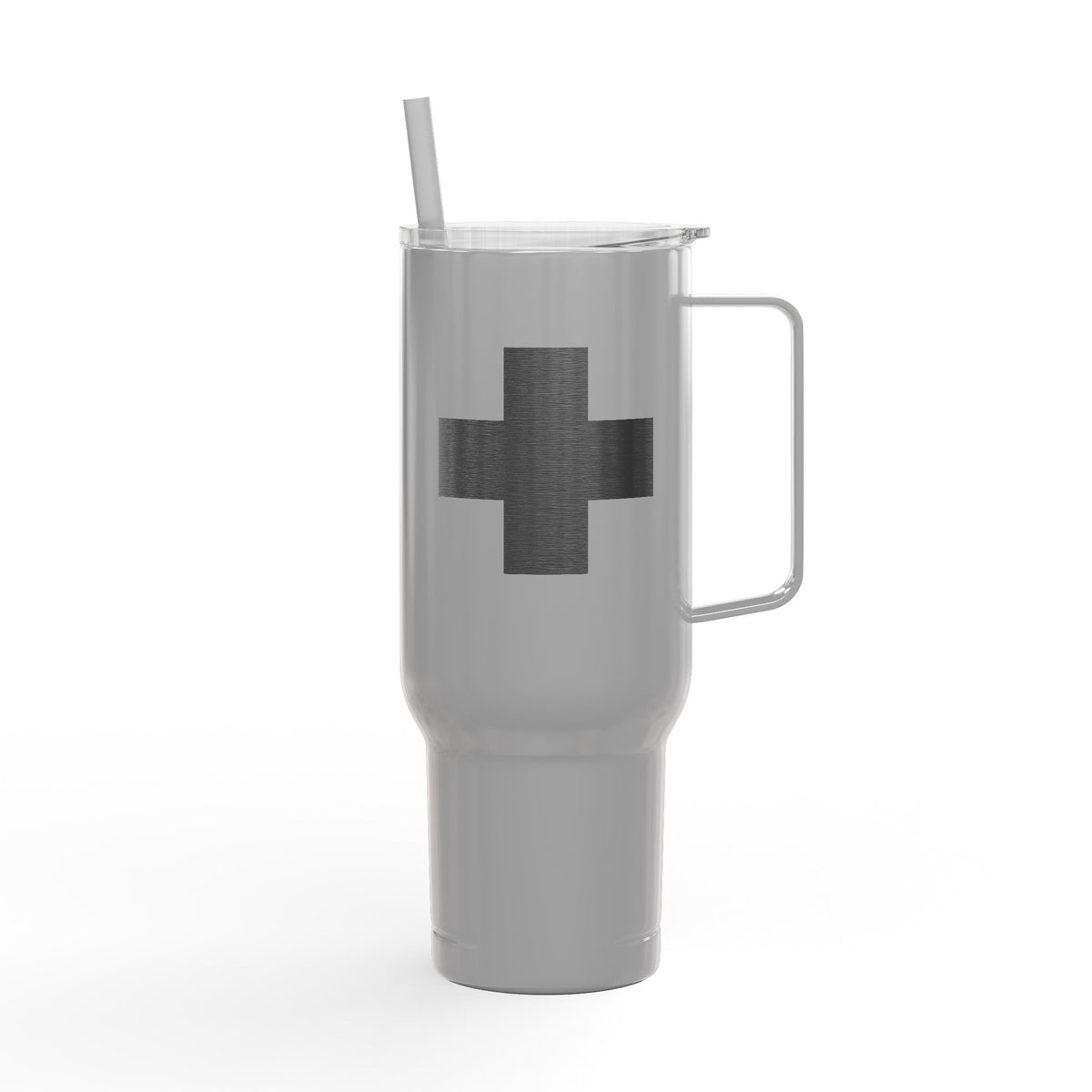 The Minimalist Cross Engraved 40oz Koozie Tumbler features a tall gray insulated stainless steel body, comfortable handle, straw, and a sleek black medical cross engraved on the front—its understated design reflecting the reverence of the Exaltation of the Cross, an important feast for Orthodox Christians. Presented against a white background, this home and travel accessory makes a meaningful tribute to tradition.