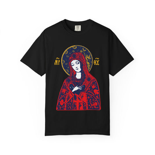 Black heavyweight cotton unisex t-shirt featuring an iconographic image inspired by the traditional Orthodox "Joy of All Joys Tenderness Theotokos" icon, with red and blue accents, a gold halo, and Greek letters.