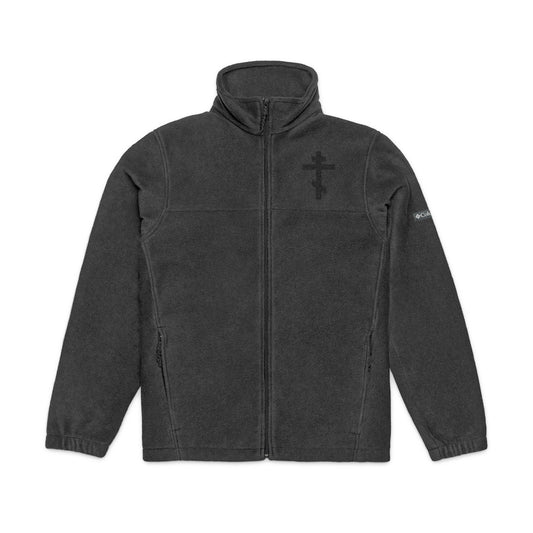 Charcoal Heather unisex Columbia fleece jacket featuring an embroidered Orthodox Christian Cross on the chest, “Rejoice! O Life-Giving Cross” design, and Columbia logo on the left sleeve—ideal for clergy.