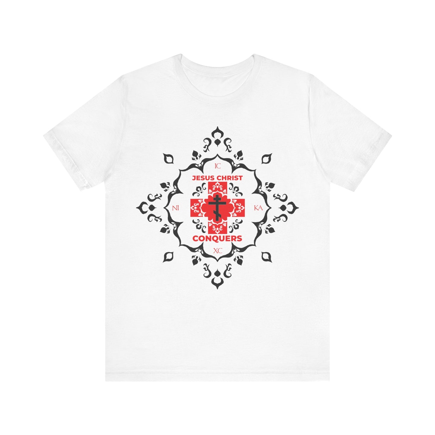 White cotton t-shirt with a red and black ornate Orthodox cross and "ICXC NIKA" (Jesus Christ Conquers) in modern red font, featuring medieval filigree design. Inspired by Christian tradition.