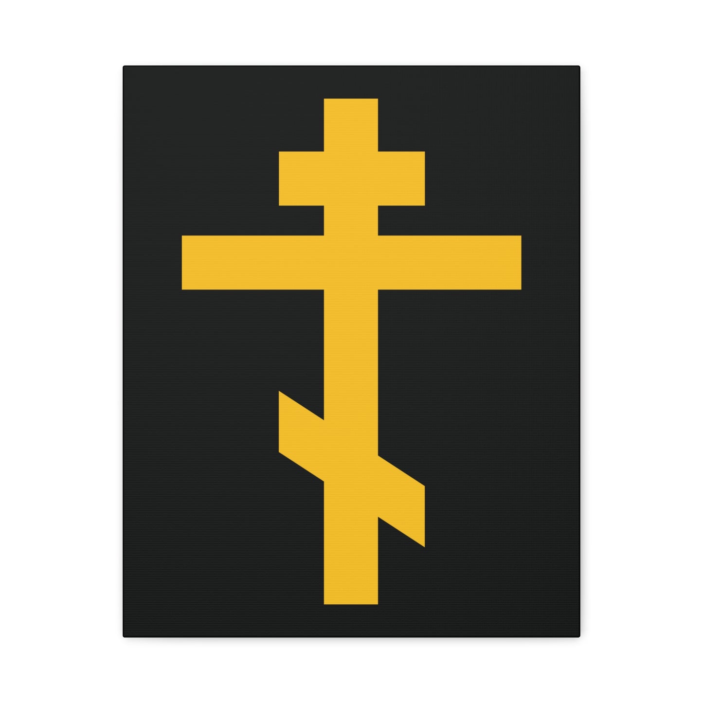 Yellow Orthodox Cross on a black background—Orthodox Canvas Art titled "Precious and Life-Giving Weapon of Unseen Warfare, Scourge of Demons," inspired by Galatians 2:20.