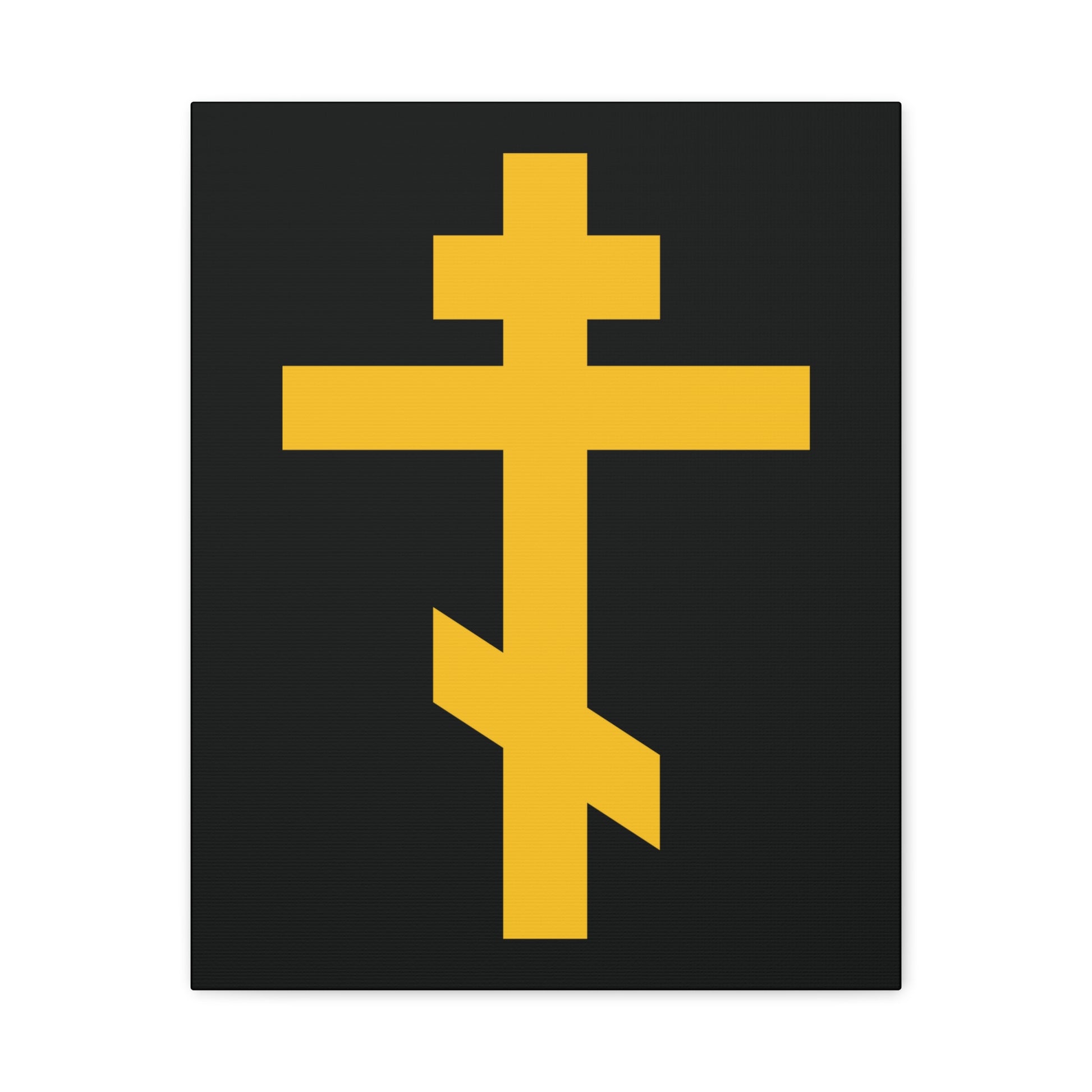 Yellow Orthodox Cross on a black background—Orthodox Canvas Art titled "Precious and Life-Giving Weapon of Unseen Warfare, Scourge of Demons," inspired by Galatians 2:20.
