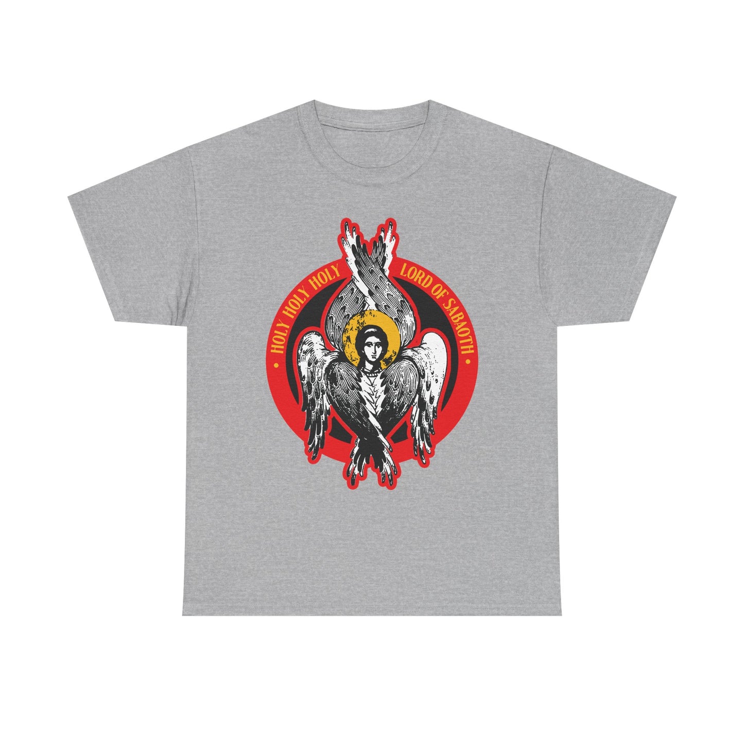 Sport Grey heavy cotton t-shirt featuring a seraphim angel icon and "HOLY, HOLY, HOLY, LORD OF HOSTS!" in red—a bold nod to Isaiah 6. Christian design: Holy Holy Holy, Lord of Sabaoth | Unseen Realm.