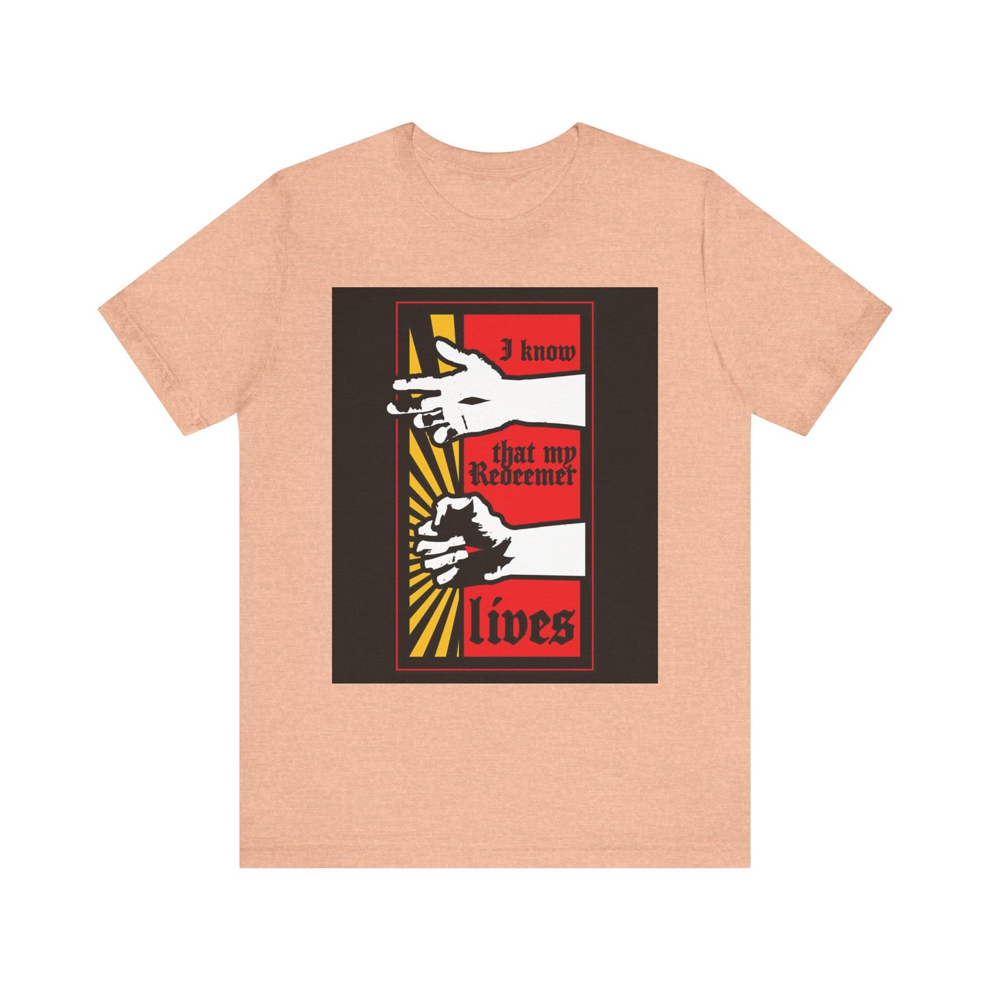 Heather Peach unisex t-shirt featuring a Christ Resurrected comic book style graphic with "I Know That My Redeemer Lives" from Job 19:25, printed on lightweight cotton.