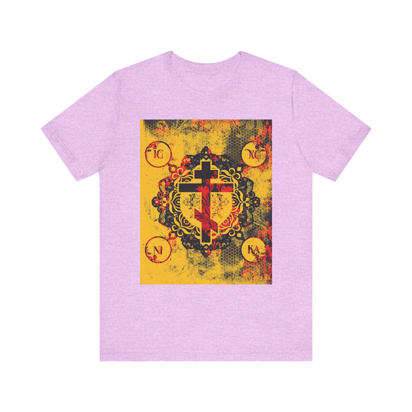 The IC XC NIKA Orthodox Cross unisex t-shirt in Heather Prism Lilac features a yellow and red cross with modern and medieval floral designs—an artistic tribute to the mystery of the Cross and Christ's sacrifice. Lightweight cotton.