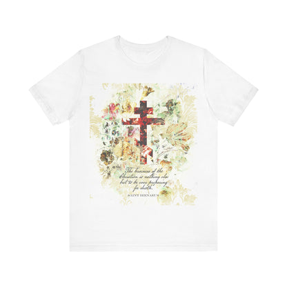 White t-shirt with a beige floral scrapbook texture cross, arts & crafts style, and a quote by St. Irenaeus—Orthodox Christian design inspired by "Preparing For Death.