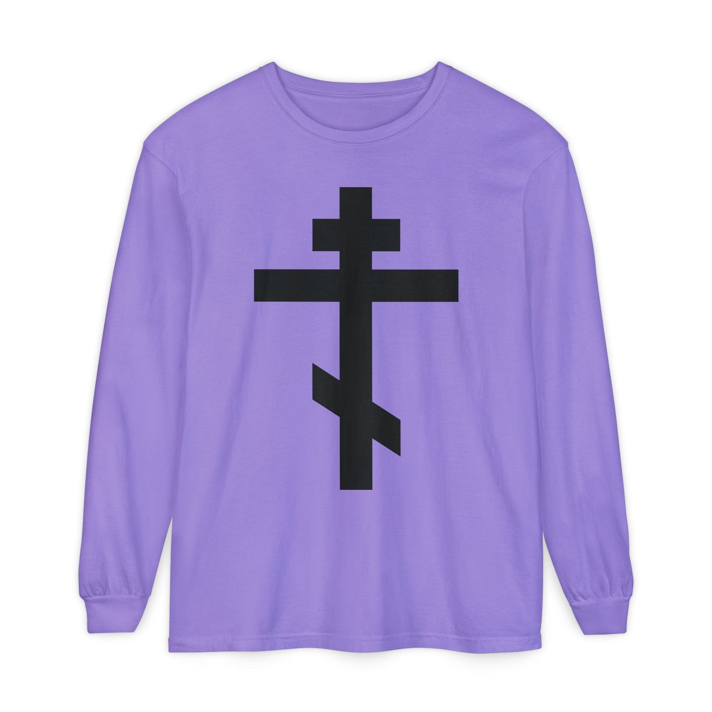 A violet long-sleeve shirt with a large black Orthodox cross on the front, inspired by Galatians 6:14: "May I never boast, except in the cross of our Lord Jesus Christ.