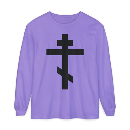 A violet long-sleeve shirt with a large black Orthodox cross on the front, inspired by Galatians 6:14: "May I never boast, except in the cross of our Lord Jesus Christ.