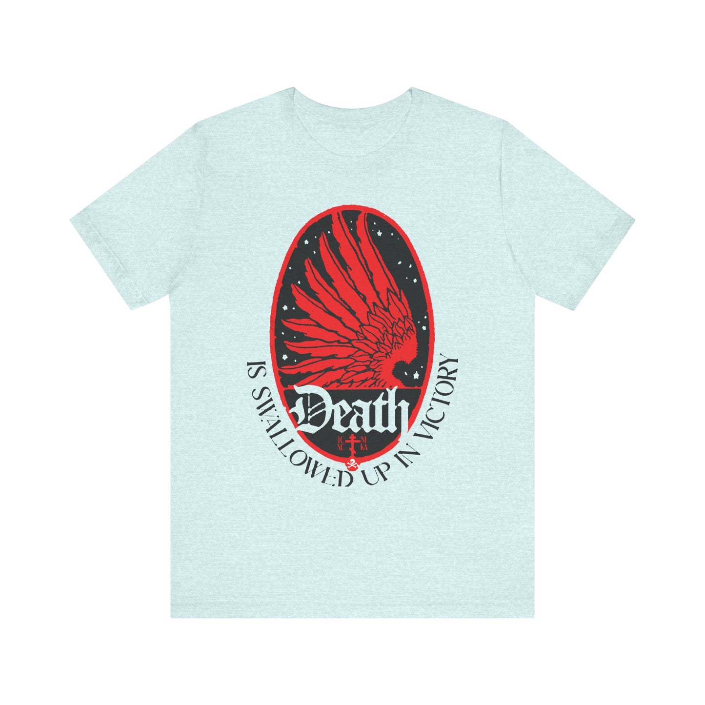 Heather Prism Ice Blue tee featuring Art Nouveau eagle wings & stars with "Death is Swallowed Up In Victory" (1 Cor 15:54)—an Orthodox Christian statement on immortality and incorruption. Lightweight unisex cotton.