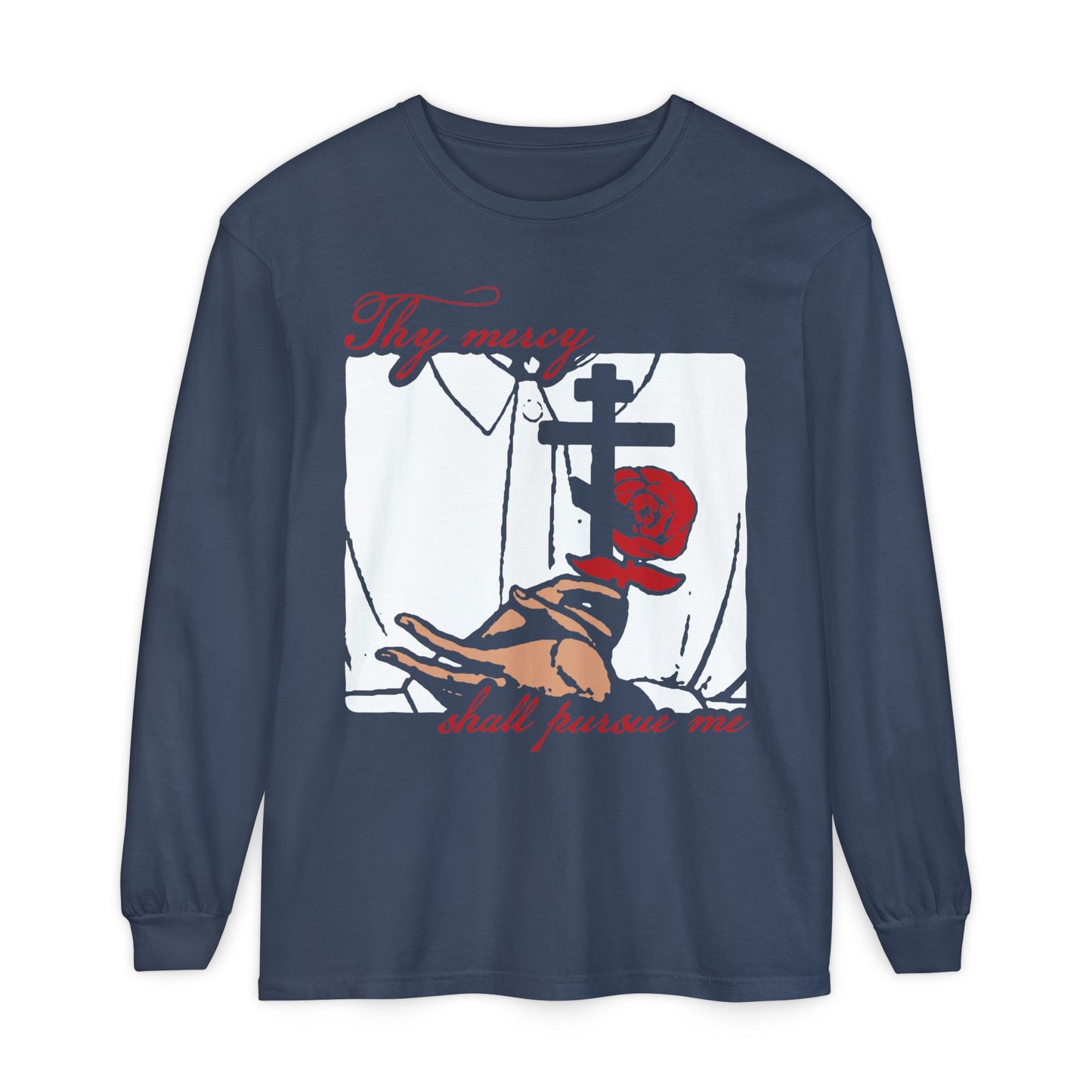 Thy Mercy Shall Pursue Me - Psalm 22 (23) | Orthodox Martyr's Cross and Rose Icono-Graphic Style | Orthodox Christian Long Sleeve Cotton Shirt