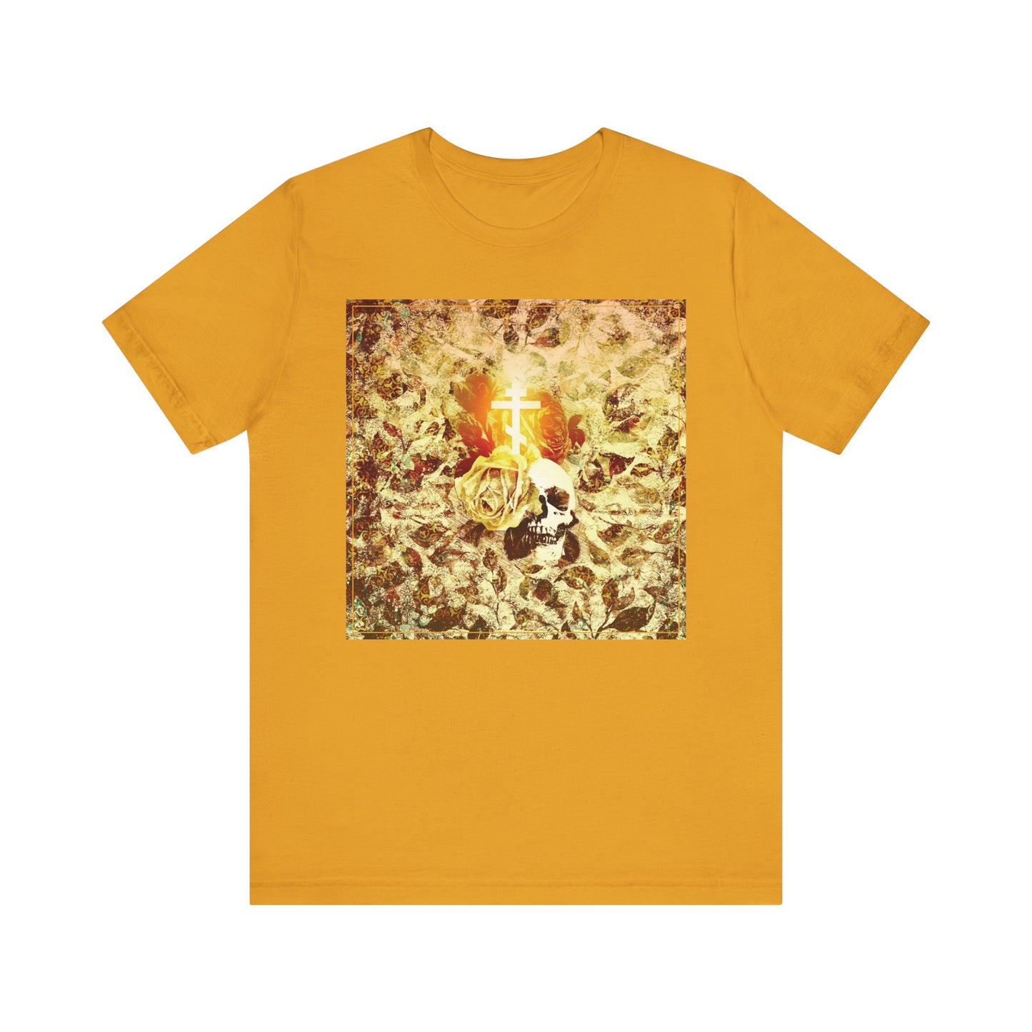 Mustard Rose & Skull Glowing Orthodox Cross tee: lightweight cotton, unisex fit, features a gothic Christian aesthetic with floral texture—an artistic nod to the valley of dry bones from Ezekiel's prophecy.