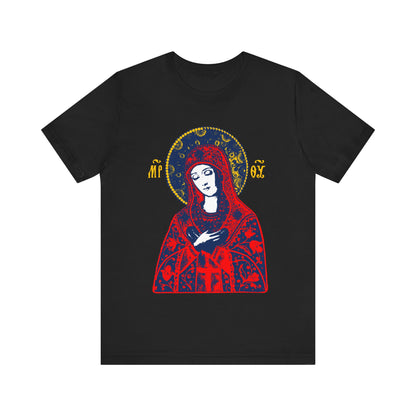 Black "Joy of All Joys Tenderness Theotokos" T-shirt featuring a bright red Orthodox Christian icon design based on traditional iconography.