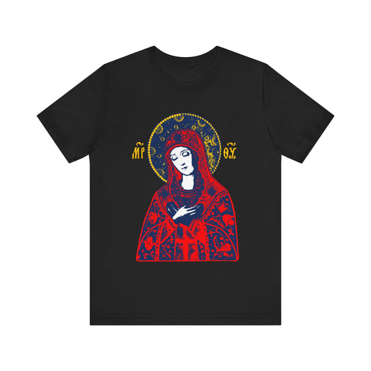 Joy of All Joys Tenderness Theotokos Iconographic Based on Traditional Orthodox Iconography | Bright Red Design | Orthodox Christian T-Shirt