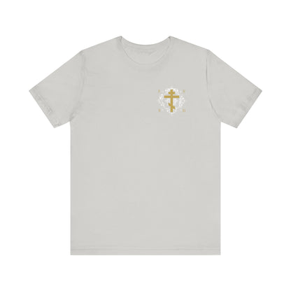Gold Orthodox Cross ICXC NIKA  (Small Design) | White Medieval Ornate Floral Pattern | Jesus Christ Conquers | Christian Unisex Tee