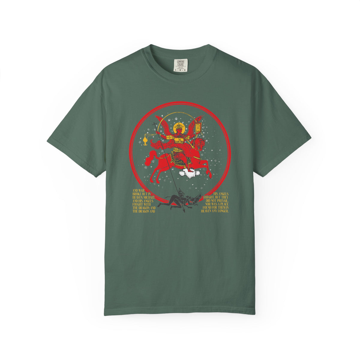 Blue Spruce heavyweight cotton unisex tee featuring a double-sided design: a red circular motif depicting Archangel Michael of the Apocalypse on horseback slaying the dragon (referencing Revelation 12), with yellow “Death is Swallowed Up In Victory” text below.