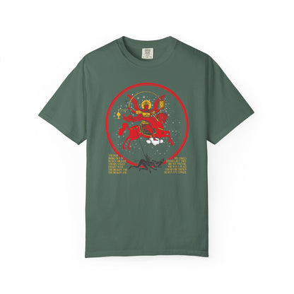 Blue Spruce heavyweight cotton unisex tee featuring a double-sided design: a red circular motif depicting Archangel Michael of the Apocalypse on horseback slaying the dragon (referencing Revelation 12), with yellow “Death is Swallowed Up In Victory” text below.