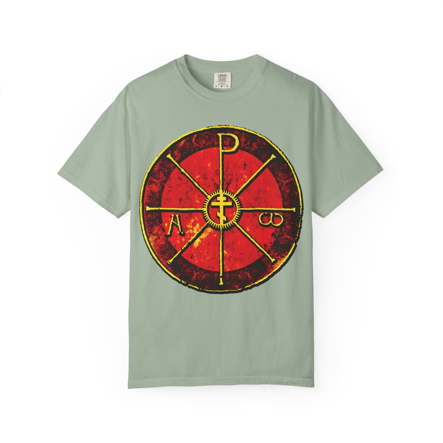 Bay t-shirt featuring a bold red and yellow Alpha & Omega Chi Rho Orthodox Cross with Greek letters, inspired by an ancient Christogram from Milan's Cathedral. Heavyweight cotton; message: "In This Sign Ye Shall Conquer.