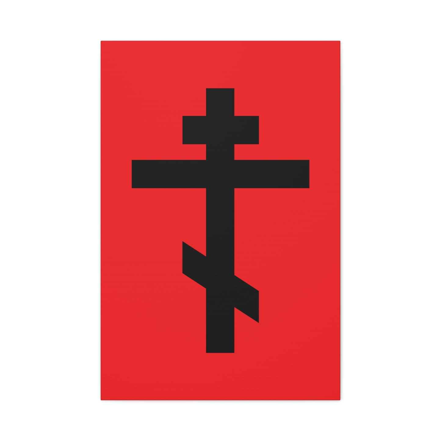 A black Orthodox cross on a red background with the verse "May I never boast, except in the cross of our Lord Jesus Christ" (Gal 6:14), featured on Orthodox Canvas Art.