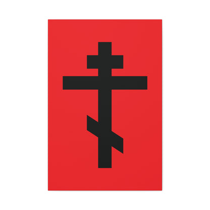 A black Orthodox cross on a red background with the verse "May I never boast, except in the cross of our Lord Jesus Christ" (Gal 6:14), featured on Orthodox Canvas Art.