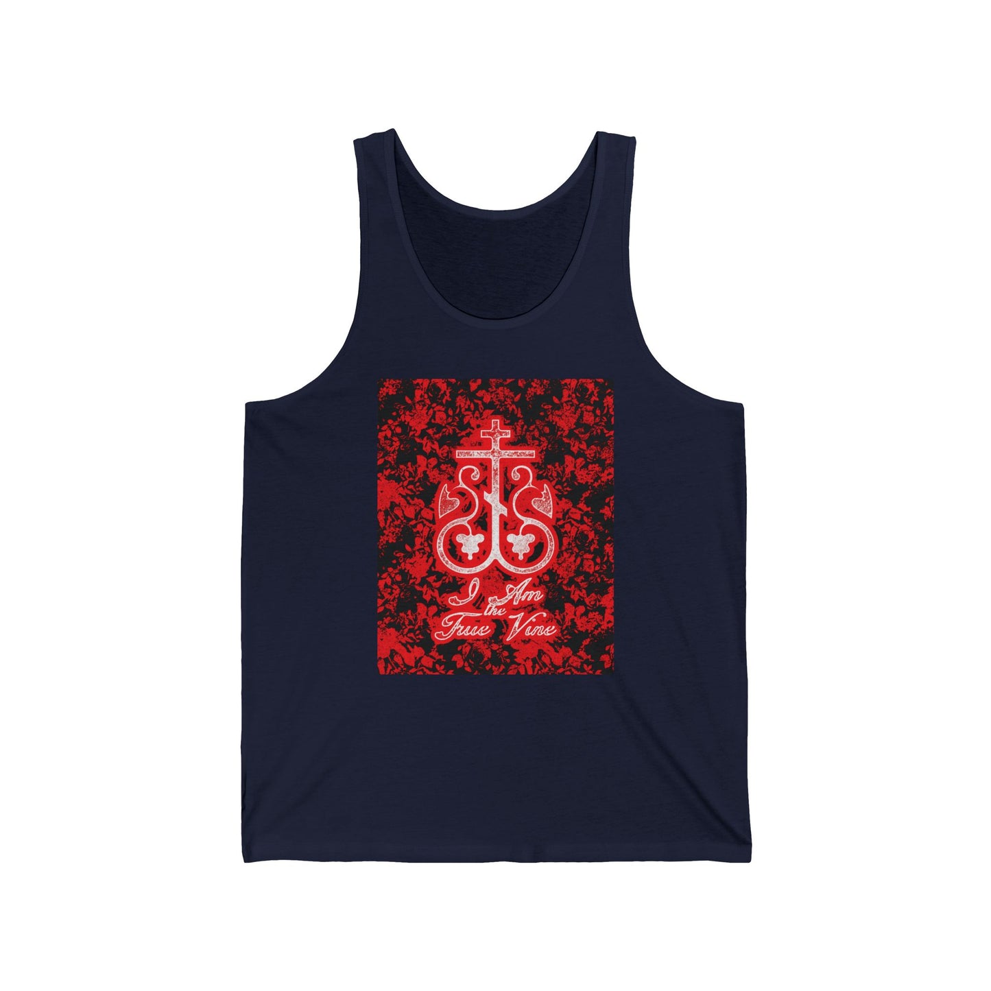 I Am the True Vine (John 15:1) | Orthodox Cross Vine Monogram | Red and Black Floral Design | Orthodox Christian Jersey Tank Top / Sleeveless Shirt