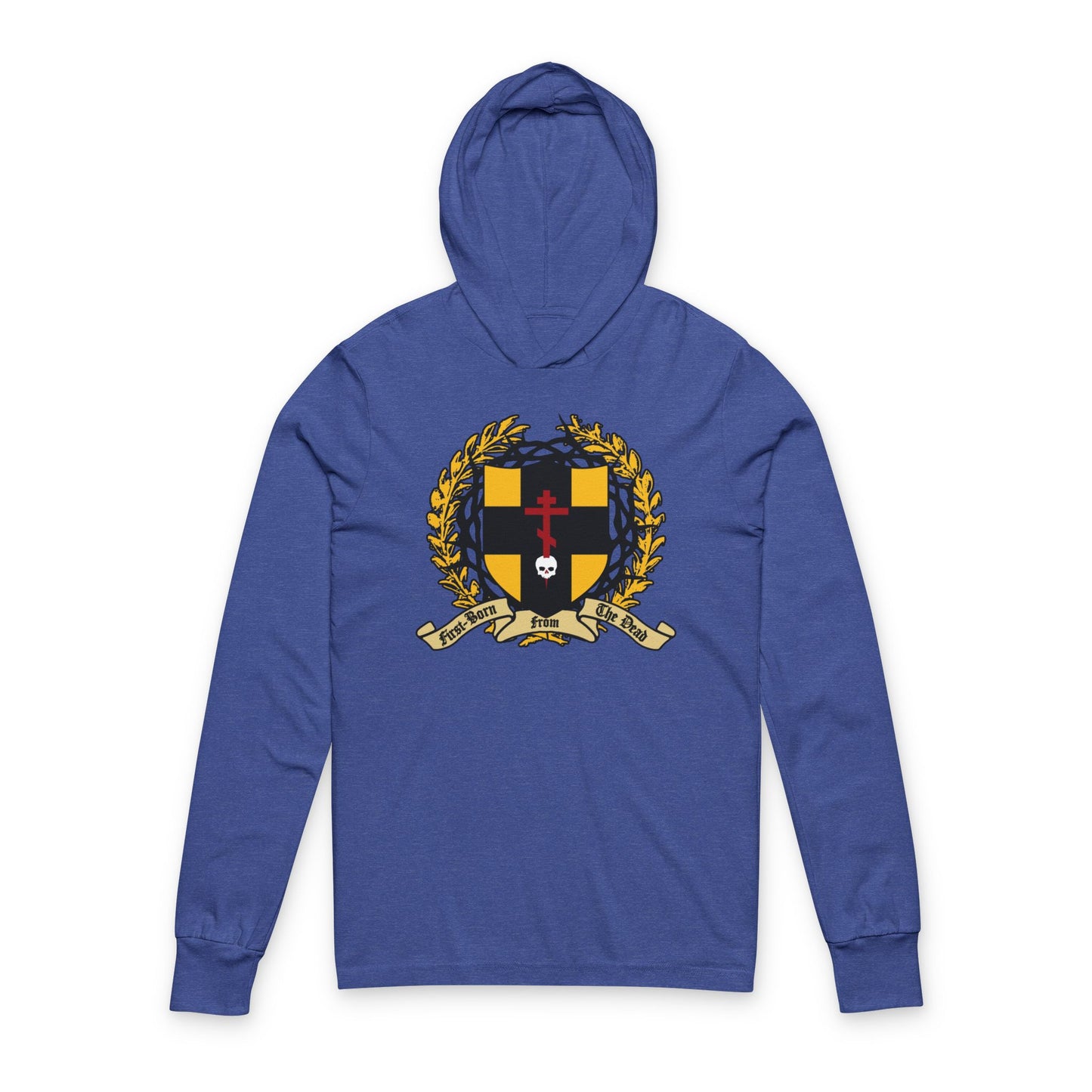 Heather True Royal hooded cotton shirt named "First-Born from the Dead (Col 1:18)" features an Orthodox cross piercing a skull, shield with victory wreath, crown of thorns, and crest design.
