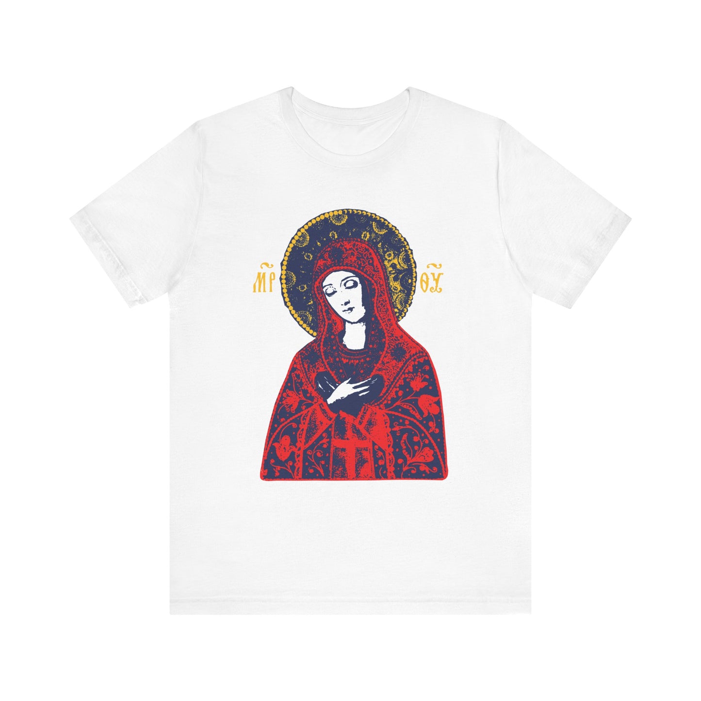White "Joy of All Joys Tenderness Theotokos" t-shirt featuring a traditional Orthodox iconographic image of a haloed woman in red and gold, hands crossed on her chest. Lightweight cotton unisex design.