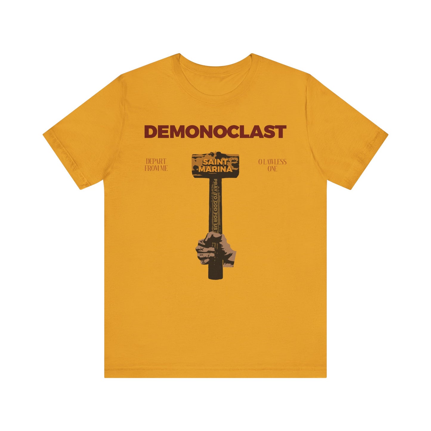 Mustard lightweight cotton unisex tee featuring "DEMONOCLAST," St. Marina's hammer, NIKA fist, "Christ Conquers," and themes of unseen warfare and martyrdom—design inspired by the Life of the Great Martyr Marina.