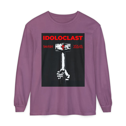 Berry long sleeve featuring Jesus' fist with a sledgehammer and "Smash Your Passions" inspired by Christian asceticism. Idoloclast Idol-Smasher design with ICXC NIKA. Orthodox Christian graphic shirt.