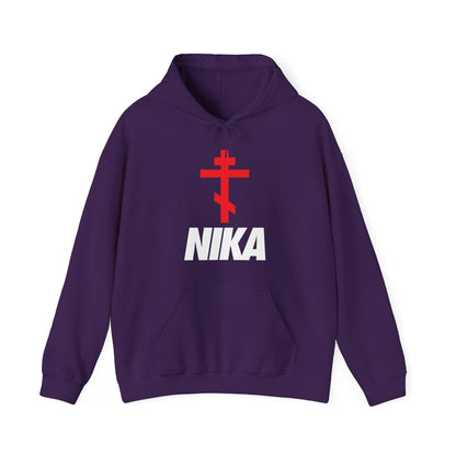 NIKA Orthodox Cross | NIKE Logo Mashup | Minimalist Corporate Sports Logo | Athletic Ascetic Fashion | Christian Activewear Hoodie