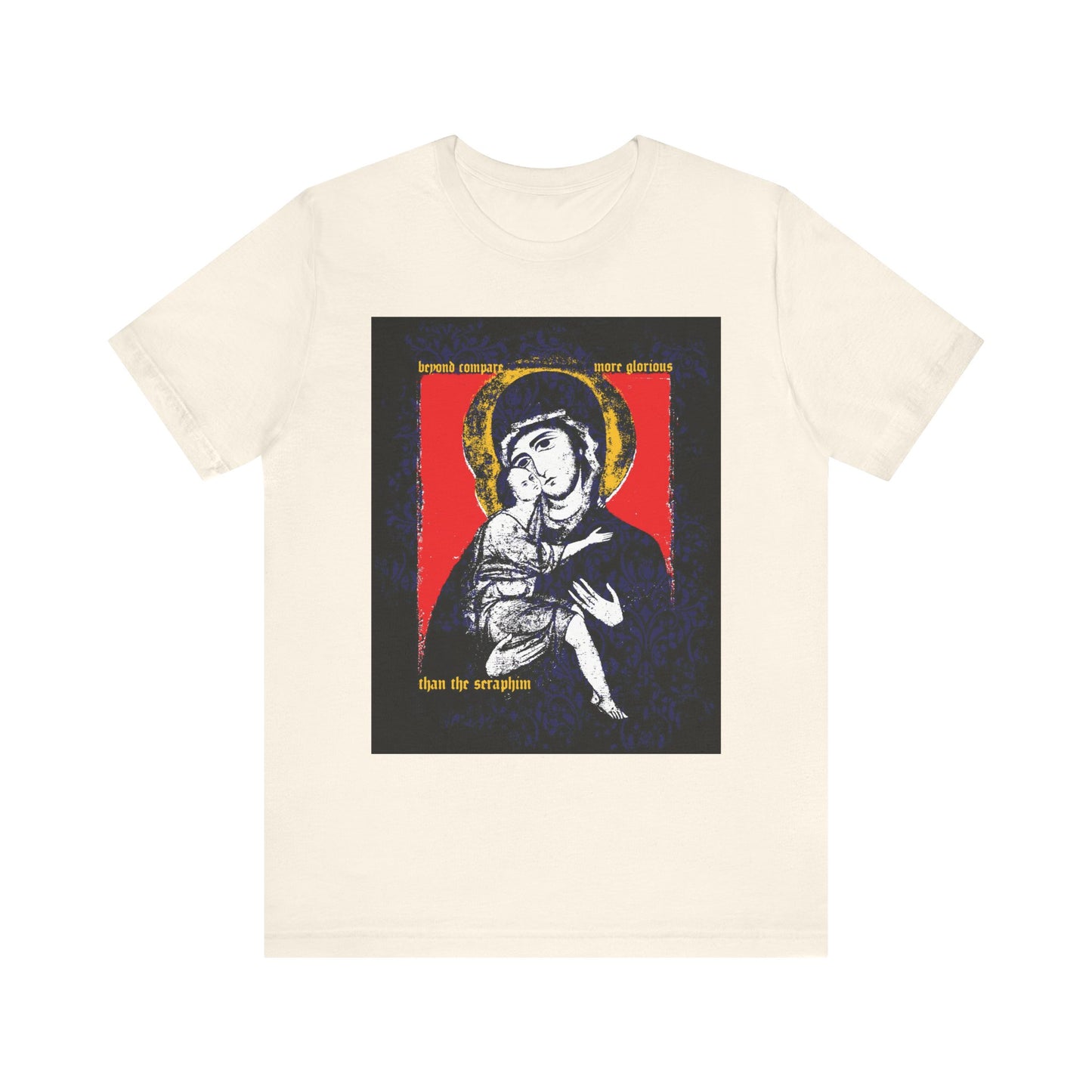 Natural cotton t-shirt featuring the Vladimir Theotokos icon in a floral texture—"Beyond Compare More Glorious Than the Seraphim." A lightweight, Orthodox design inspired by sacred tradition.