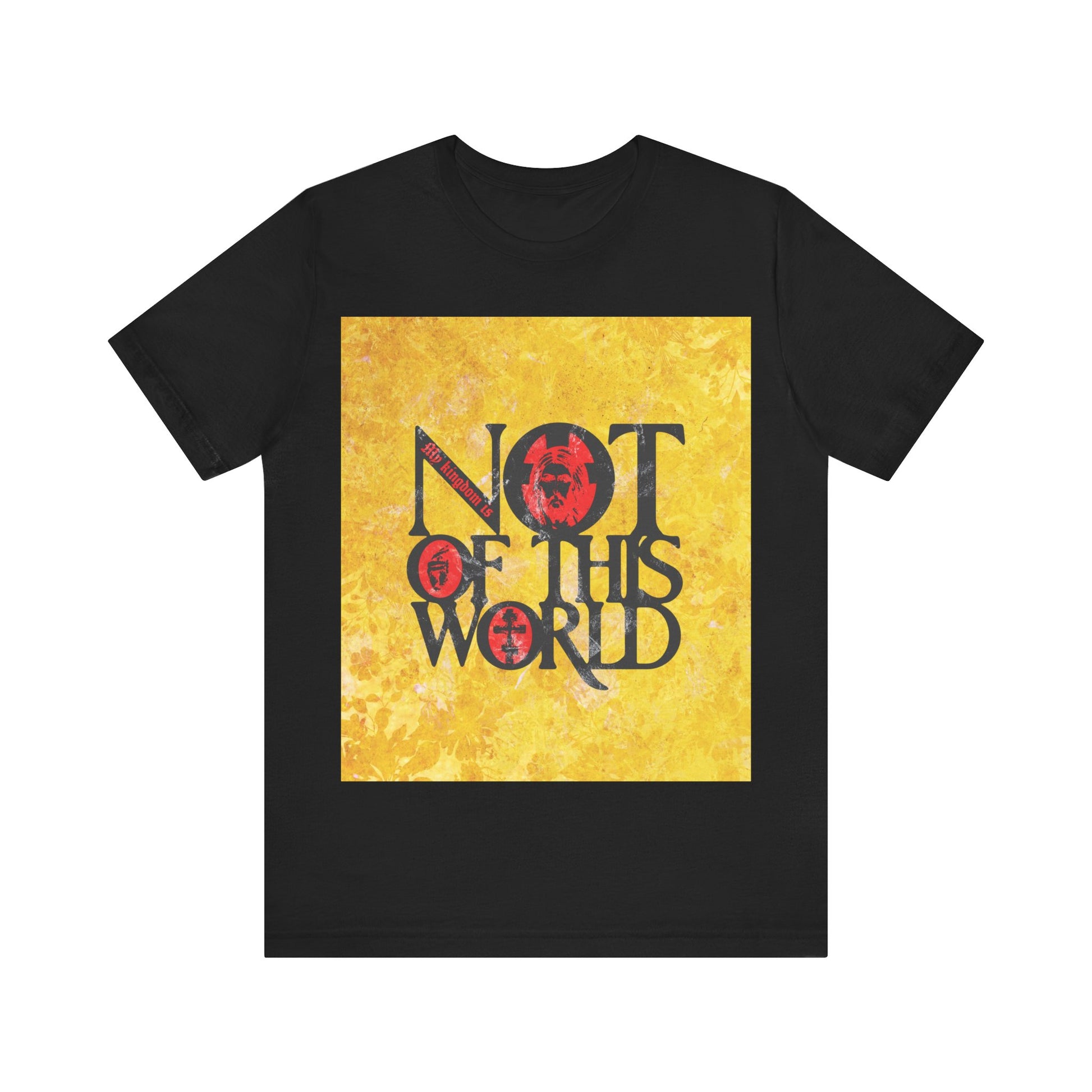 Black "My Kingdom is Not of This World" (John 18:36) Orthodox Christian T-shirt featuring bold red, yellow & black textured design with icon motifs, inspired by scripture and faith heritage.
