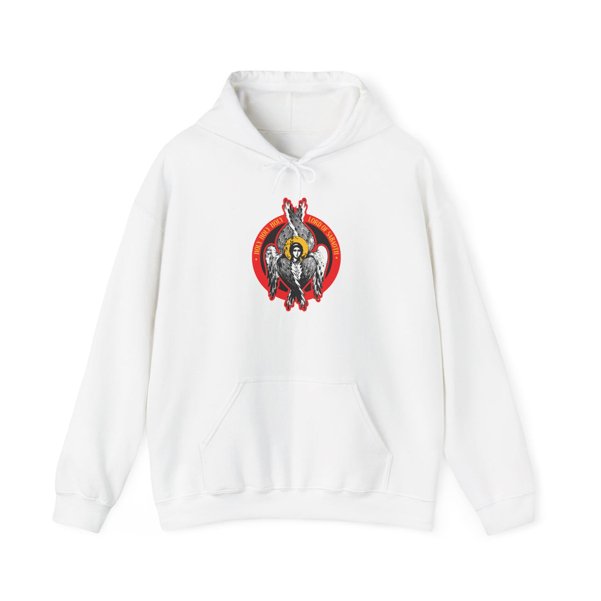 White “Holy Holy Holy, Lord of Sabaoth” hoodie featuring an intricately detailed Orthodox Seraphim angel iconographic design with a vivid red halo inspired by Isaiah 6, printed on the front center.
