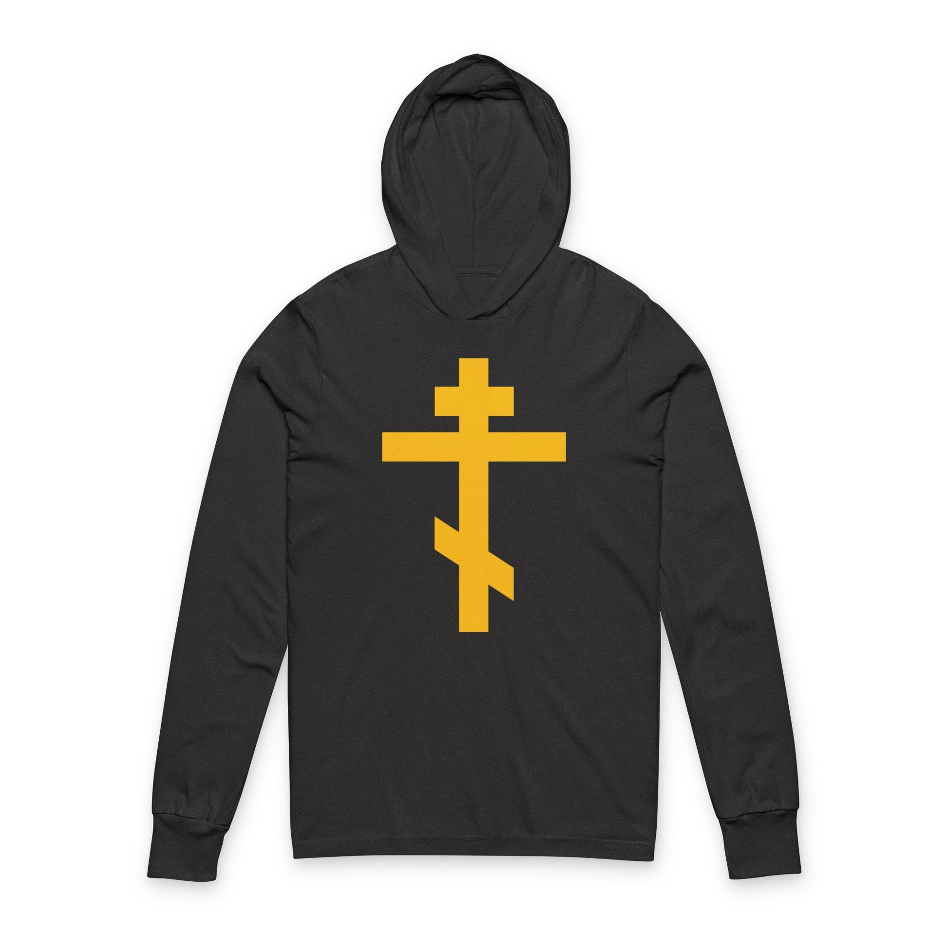 Charcoal Black TriBlend hoodie featuring a bold yellow Orthodox Cross—Precious and Life-Giving Weapon of Unseen Warfare, Scourge of Demons—Christian cotton hooded shirt inspired by spiritual strength.