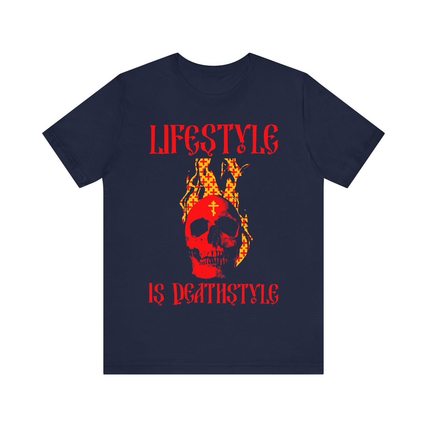 Lifestyle is Deathstyle | Burning Red Skull with Orthodox Cross | How You Live is How You Die | Lightweight Cotton Unisex Tee