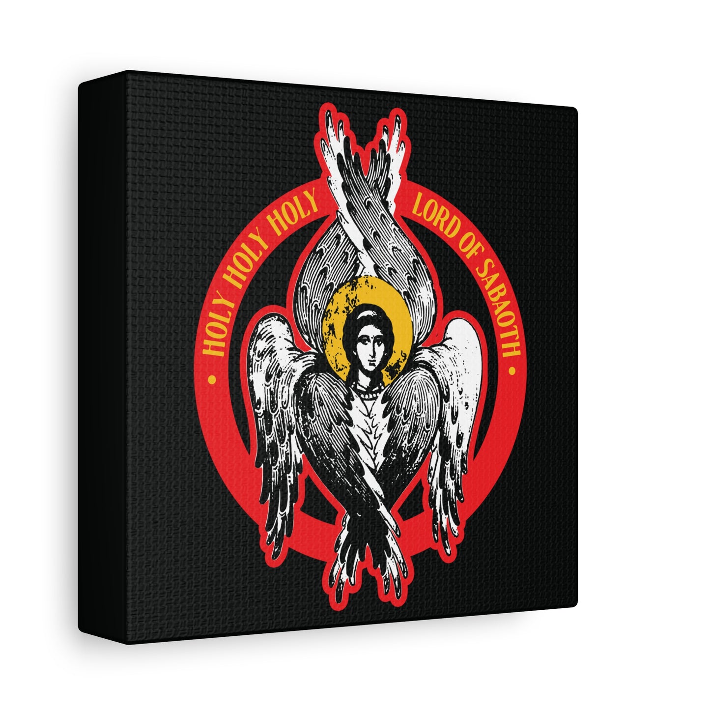 This Christian wall art features a stylized six-winged Orthodox seraphim with a halo, framed by a red circle and yellow "Holy Holy Holy Lord of Hosts" text, inspired by Isaiah 6 and titled "Holy Holy Holy, Lord of Sabaoth | Unseen Realm IconoGraphic.
