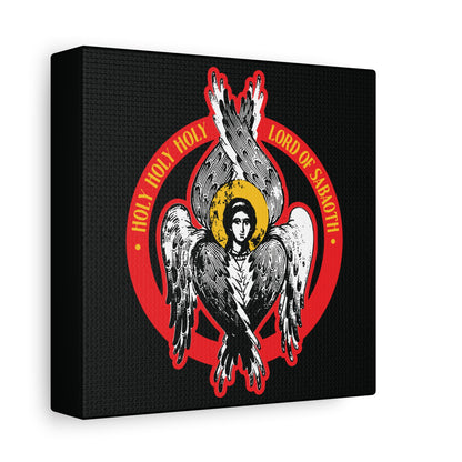 This Christian wall art features a stylized six-winged Orthodox seraphim with a halo, framed by a red circle and yellow "Holy Holy Holy Lord of Hosts" text, inspired by Isaiah 6 and titled "Holy Holy Holy, Lord of Sabaoth | Unseen Realm IconoGraphic.