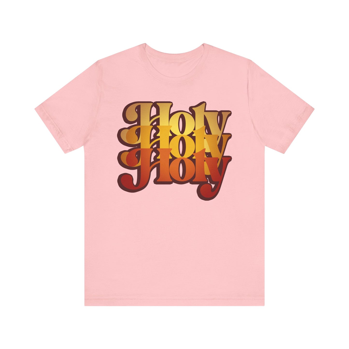 Pink "Holy Holy Holy Trisagion Liturgical Prayer" tee in a 70s retro style, featuring bold gradient letters inspired by Isaiah 6, Cherubim & Seraphim prayer; unisex lightweight cotton.
