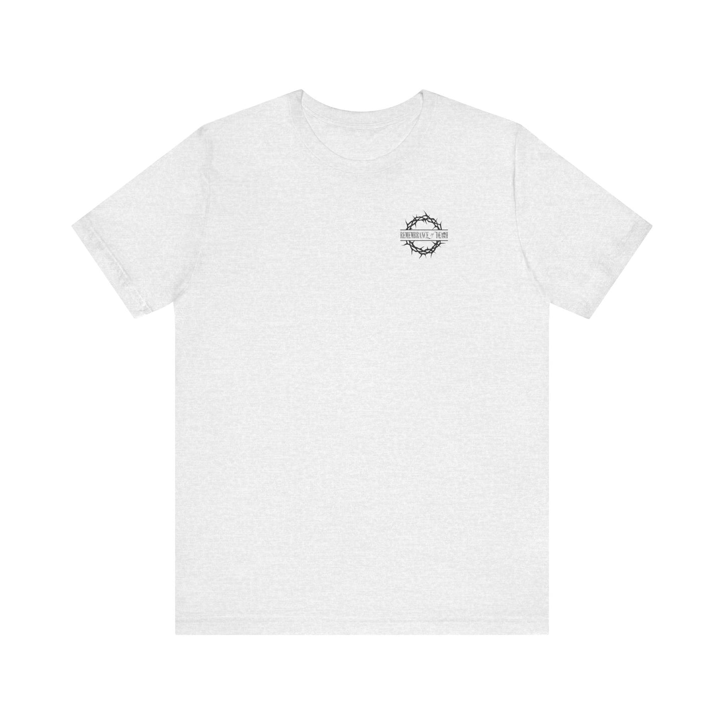 Ash-colored lightweight cotton unisex tee featuring a branded front and "Dead to this World" motif, with a Christian goth flower cross & skull design. Ideal for those seeking simplicity and renunciation of worldly things.