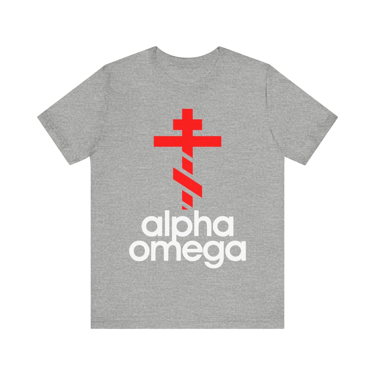 Alpha & Omega Red Orthodox Cross (Large Design) | Minimalist Adidas Inspired Logo Mashup | Orthodox Lightweight Cotton Unisex Tee
