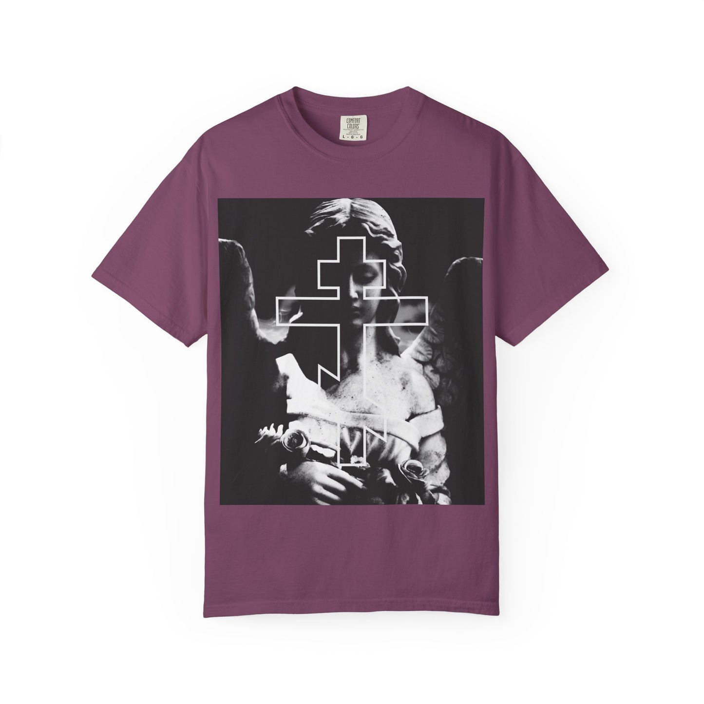 Berry heavyweight cotton unisex tee featuring a grayscale cemetery angel and Orthodox cross graphic, inspired by memento mori and goth aesthetics. Product: Cemetery Angel Orthodox Cross Memento Mori Tee.
