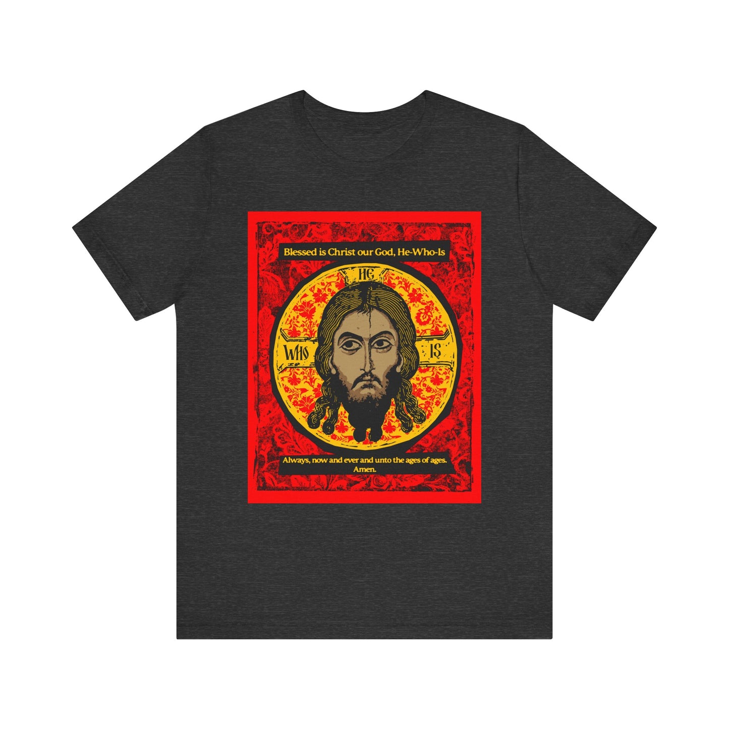 Dark Grey Heather unisex tee featuring a stylized Jesus Christ Orthodox icon inspired by the Mandylion, ornate red and gold accents, religious text, and hymn motifs; lightweight cotton for comfort.