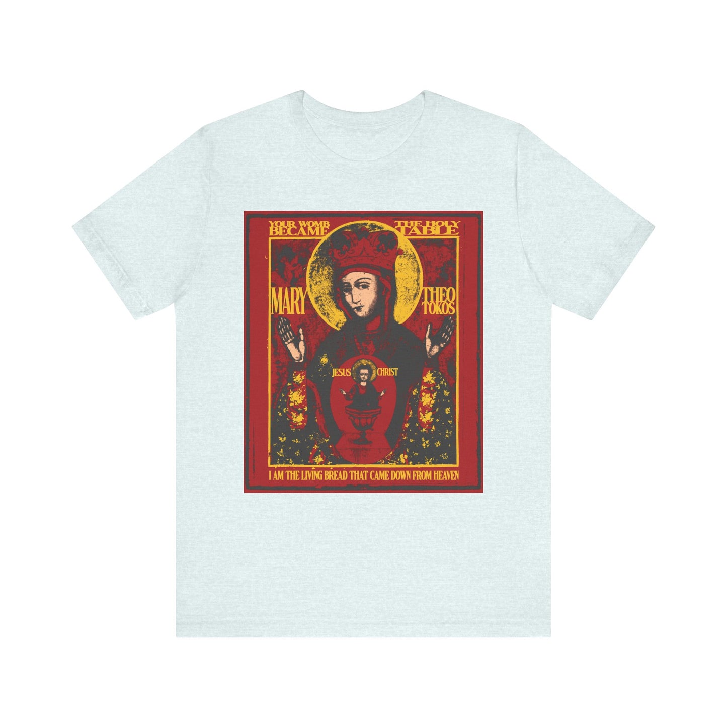 A Heather Ice Blue unisex lightweight cotton tee featuring a colorful and ornate iconographic image of the Mother of God of Nicaea with Christ in the chalice—an ancient Orthodox depiction of the Most Holy Theotokos—on the front.
