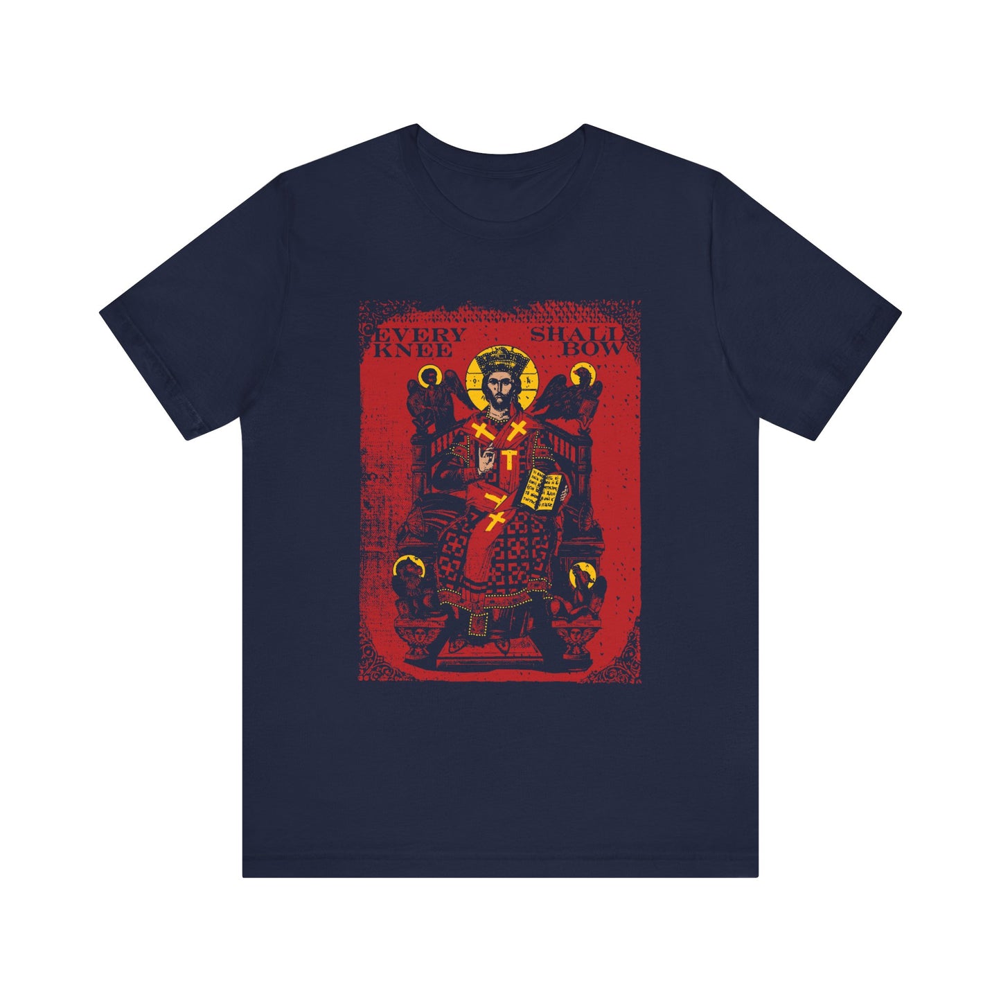 Navy unisex tee featuring Christ Enthroned with Ezekiel's Chariot, crowned on a throne, and "Every knee shall bow" text in red and yellow. Inspired by Phil 2:8-11 & Isaiah 45:23. Lightweight cotton.