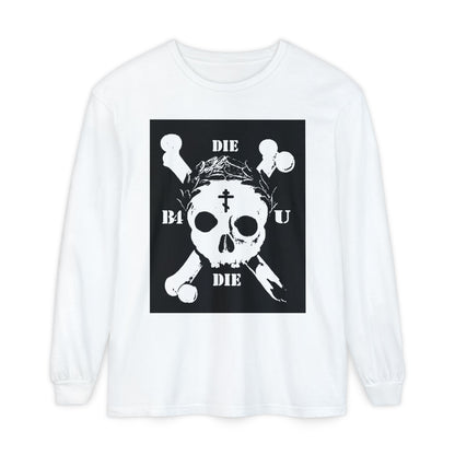 The Die Before You Die long sleeve features a retro skull & crossbones, Orthodox cross, laurel wreath, and "Memento Mori" on white—a bold ascetic Christian reminder to deny yourself and take up your cross.
