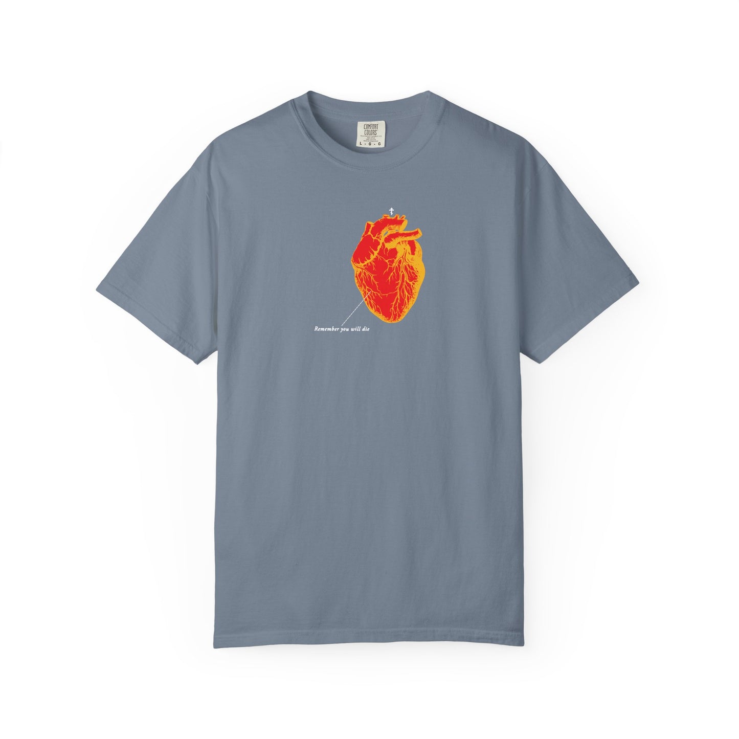 Blue Jean heavyweight cotton tee featuring a red and orange antique medical heart graphic, small white "somebody you could all" text, and Memento Mori theme. Unisex fit; Remember You Will Die collection.